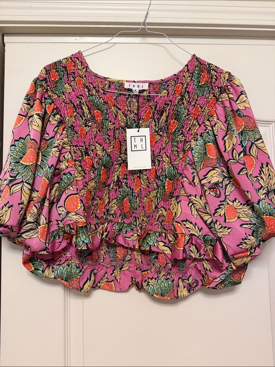 THML Tops - THML Pink Floral Smocked Crop Top with Puff Sleeves
